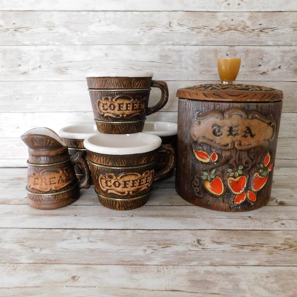 Vintage 1960s Wood Grain Treasure Craft Tea Coffee Cream Set
